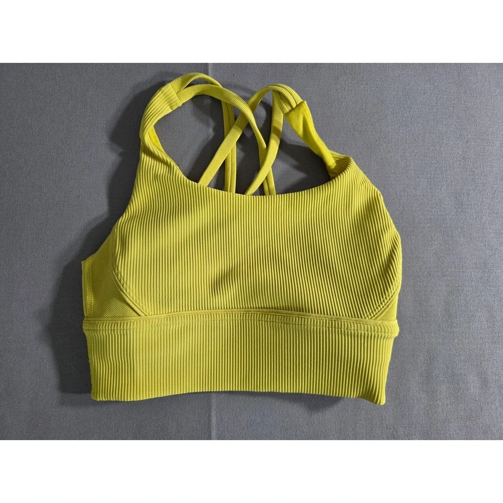 Lululemon Sports Bra Womens 4 Yellow Energy Longline Ribbed Strappy Open Back
